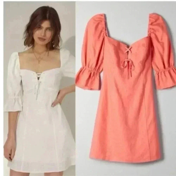 Aritzia Wilfred Stanza Mini Dress Linen Puff Sleeve Coral Pink Corset Size XXS - Picture 6 of 16